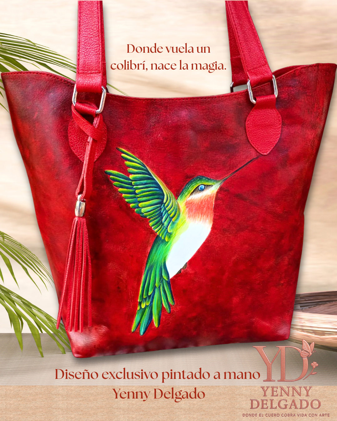 Bolso rojo de cuero pintado a mano con colibrí – Diseño exclusivo Yenny Delgado